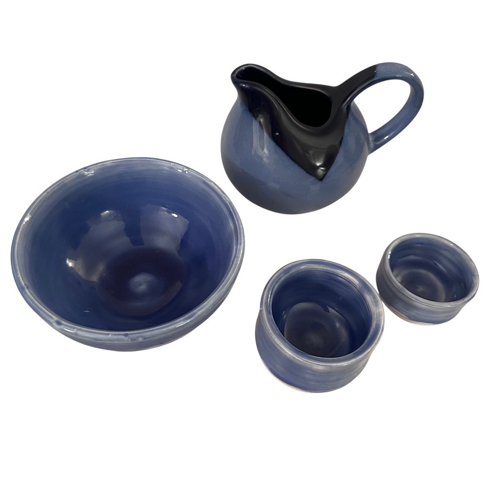 Blue Glazed Ceramic Pitcher Bowl Set 4 Pieces Small Creamer Cup - Picture 4 of 16
